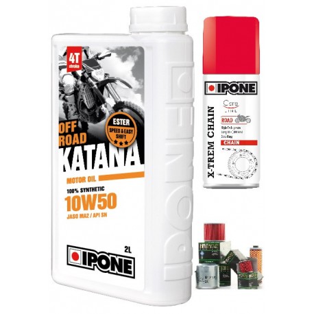 Pack 2L d'huile Ipone Katana 100% Synthèse 10W50 + 1 Filtre à huile offert  + 100 ml graisse chaine offerte - pièces détachées moto cross Mud Riders